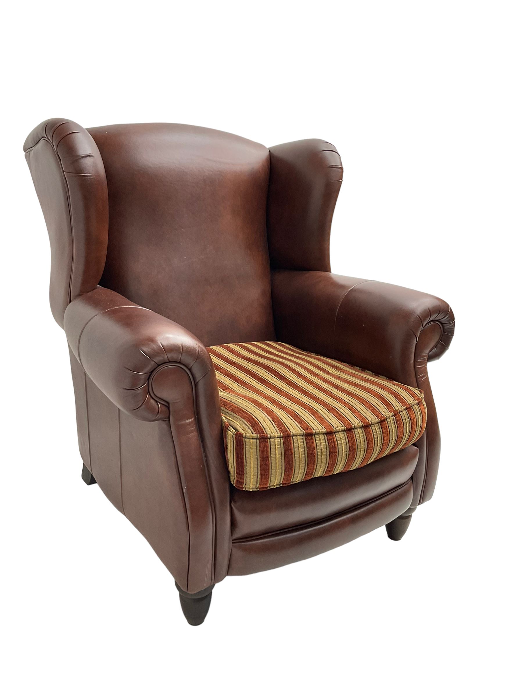 Gainsborough Lounge Suites - three piece leather and fabric lounge suite - pair two seat sofas (W225cm, H82cm, D105cm), and matching armchair (W88cm), on turned front feet with scatter cushions