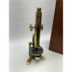 19th century Henry Crouch lacquered brass and black monocular microscope inscribed 'H. Crouch 51 London Wall London 476' with rack and pinion focusing H36cm, in fitted mahogany carrying case with extra lenses, twenty-six predominantly annotated prepared glass slides by W. Watson, Richard Suter, Wheeler, Thomas Groves etc including one marked Prize Medal Paris 1867, eight Walter White prepared card mounted slides and five original packets of C.J. Watkins unprepared specimens.