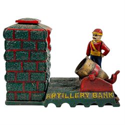 Collection of cast iron money boxes including Artillery Bank, Humpty Dumpty, Transvaal, City Bank etc 