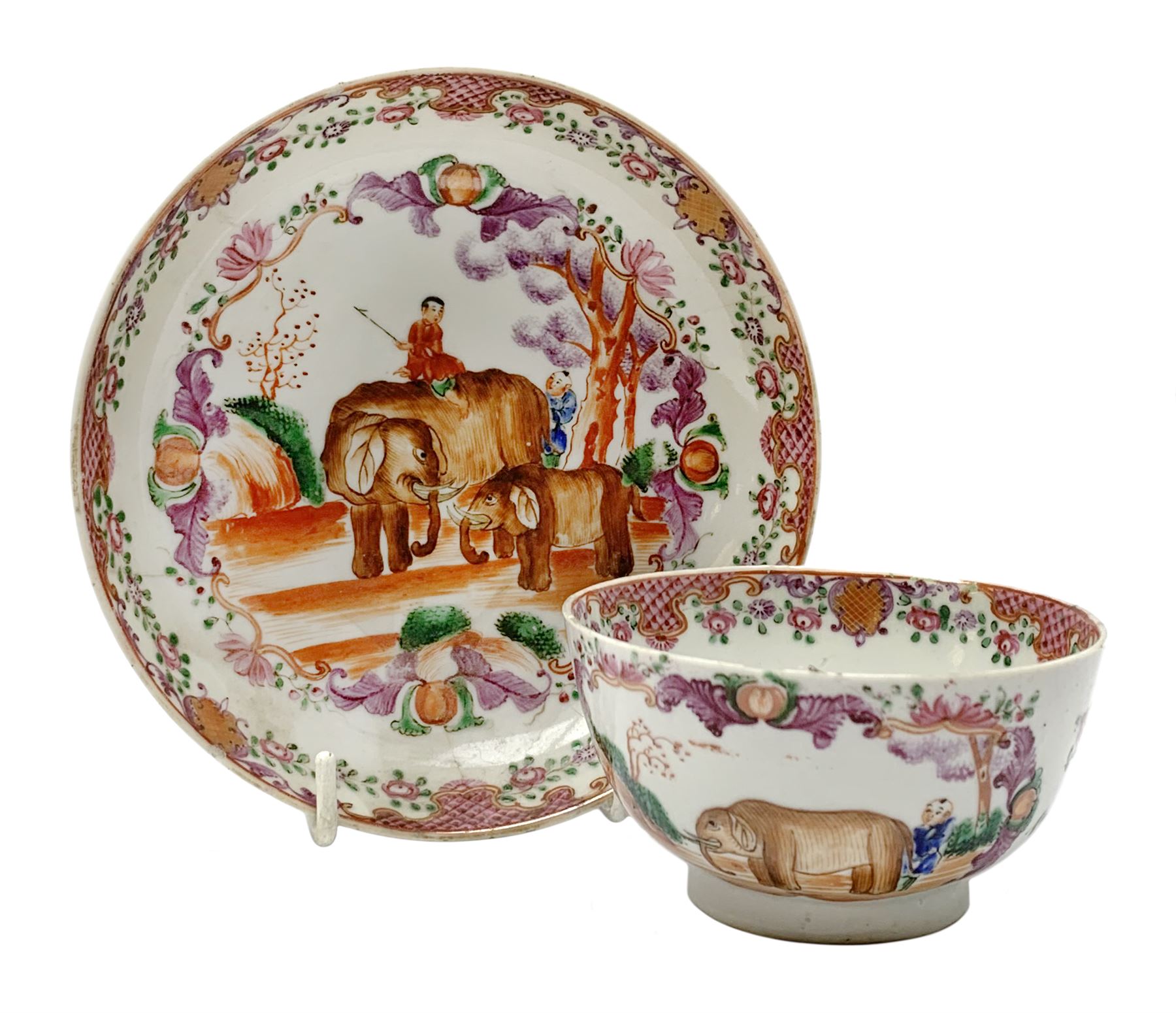 18th Century Chinese export tea bowl and saucer, decorated in the Famille Rose pallet with figures and elephants, tea bowl D8.5cm, saucer D13.5cm