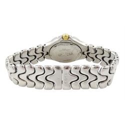 Ebel Sportwave ladies stainless steel quartz wristwatch, Ref. E6087621, grey / brown dial with Roman numeral hour markers and date aperture, gold bezel, boxed with warranty card dated 1997