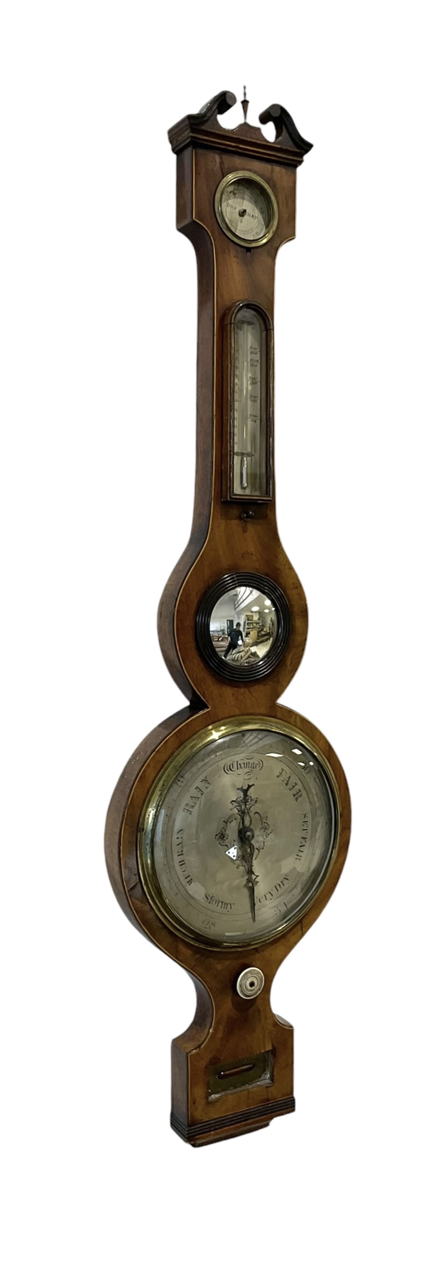 Mid 19th century mercury barometer - in a walnut case with a swan neck pediment, hygrometer, mercury thermometer, butlers mirror and spirit level, 8