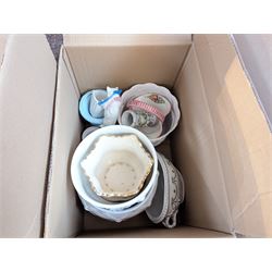 Three boxes of mixed porcelain planters, pots, jardenieres, stands, etc Provenance: from the Kirkham Hall estate.