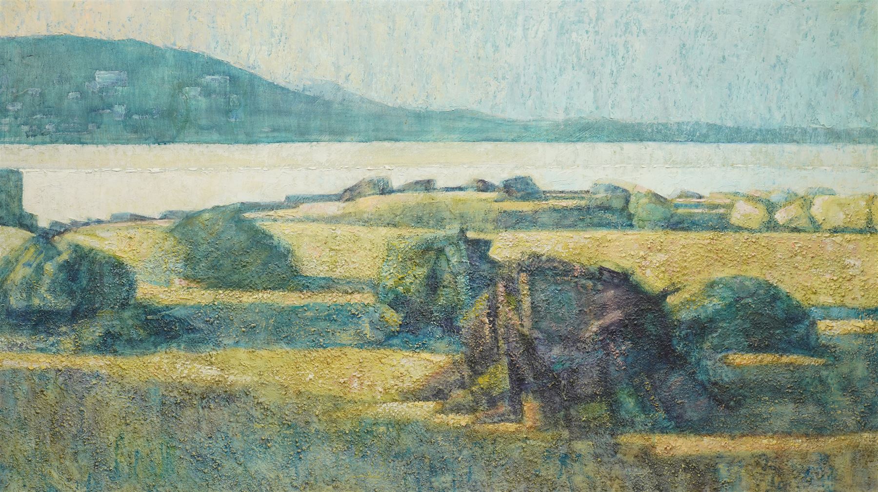 English Post Impressionist School (Late 20th century): 'Jersey' Coastal Scene, acrylic and impasto on board inscribed verso 60cm x 105cm