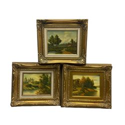 P Wilson (Continental contemporary): Riverside Landscapes, set three oils on canvas signed 18cm x 23cm (3)