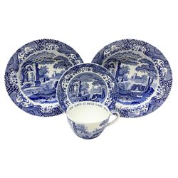 Spode blue and white cup in the Italian pattern with Auld Lang Syne text to rim, together with three Italian pattern Spode shallow bowls, all with black printed mark beneath, largest D29cm