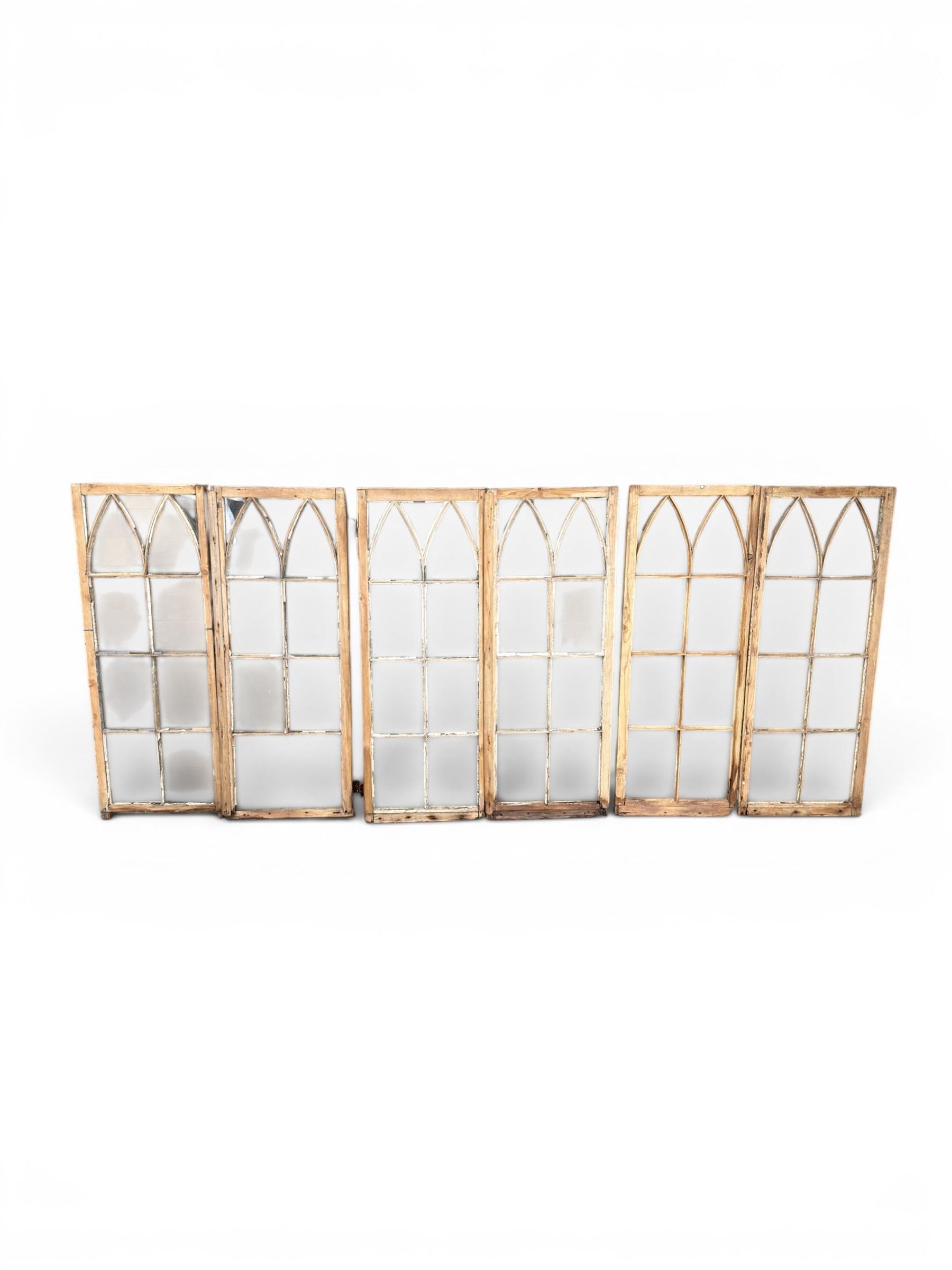 Six - three pairs of Victorian pine windows, Gothic arch design with astragal glazing, measurements each window