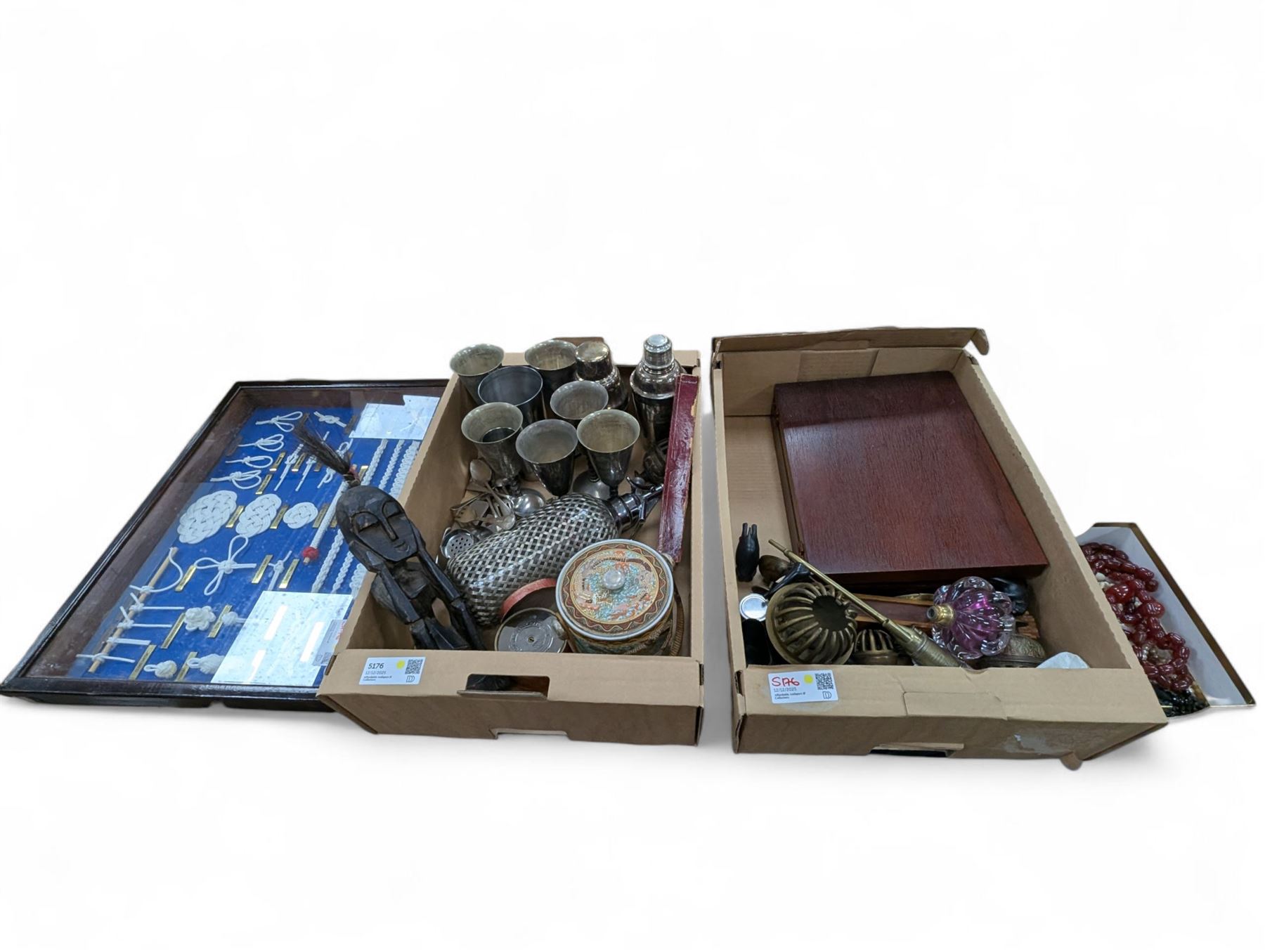 Silver plated cocktail shaker and goblets, knot display, House of Fraser silver plated canteen, costume jewellery, etc 