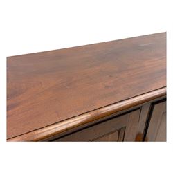 Victorian mahogany cupboard, plain rectangular top above two fielded panel doors opening to shelved interior, raised on a moulded plinth base, with later replacement knob handles
