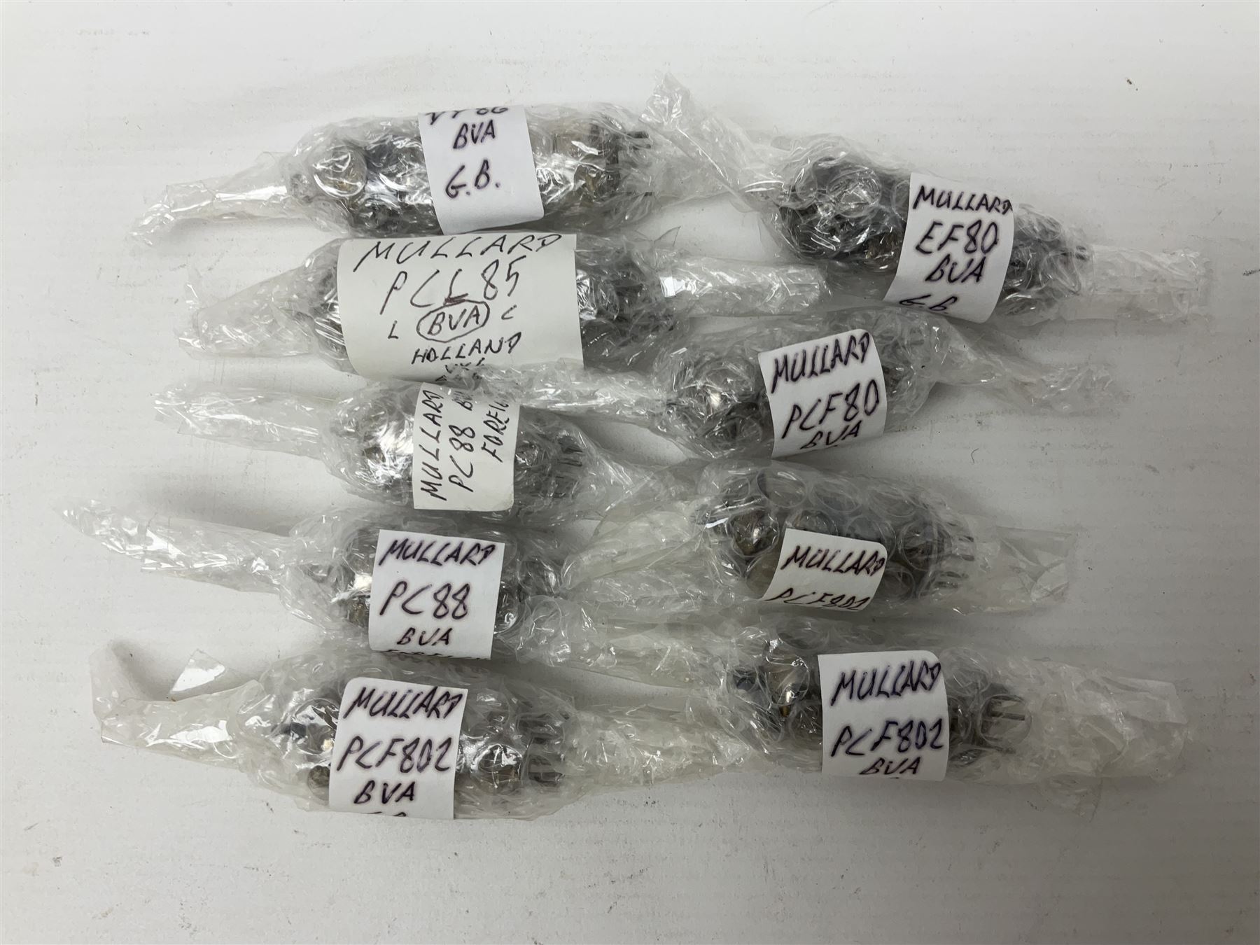 Collection of Mullard thermionic radio valves/vacuum tubes, including PY500, PFL200, EF80, PC88, PCL86, etc approximately 60 as per list, unboxed