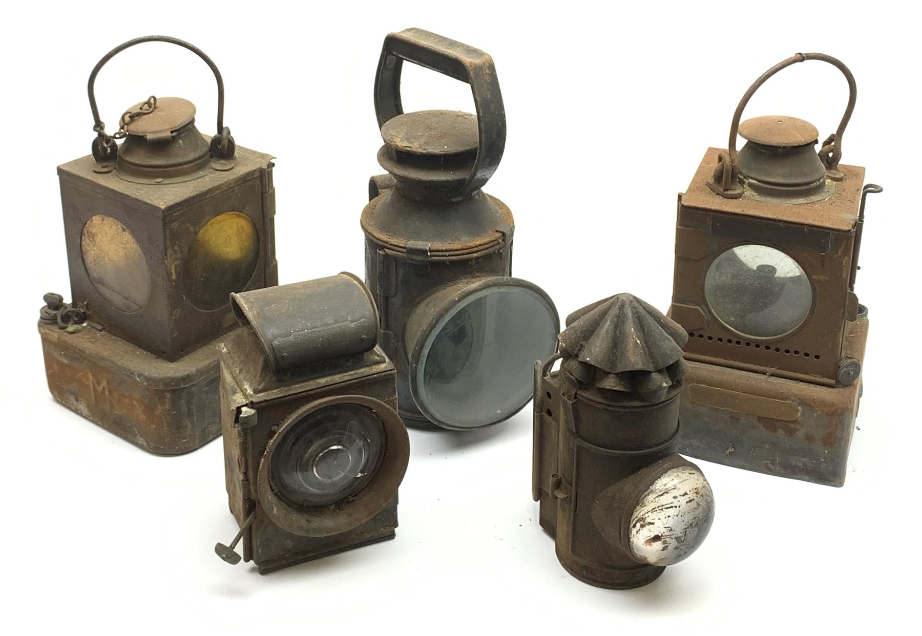  Two LNER Welch Patent railway lamps, each of typical square section form, one bearing station plaque 'Medge Hall' (on the Doncaster to Cleethorpes line) H25cm excluding swing handle, BR lamp with revolving coloured filters and two other lamps (5)  