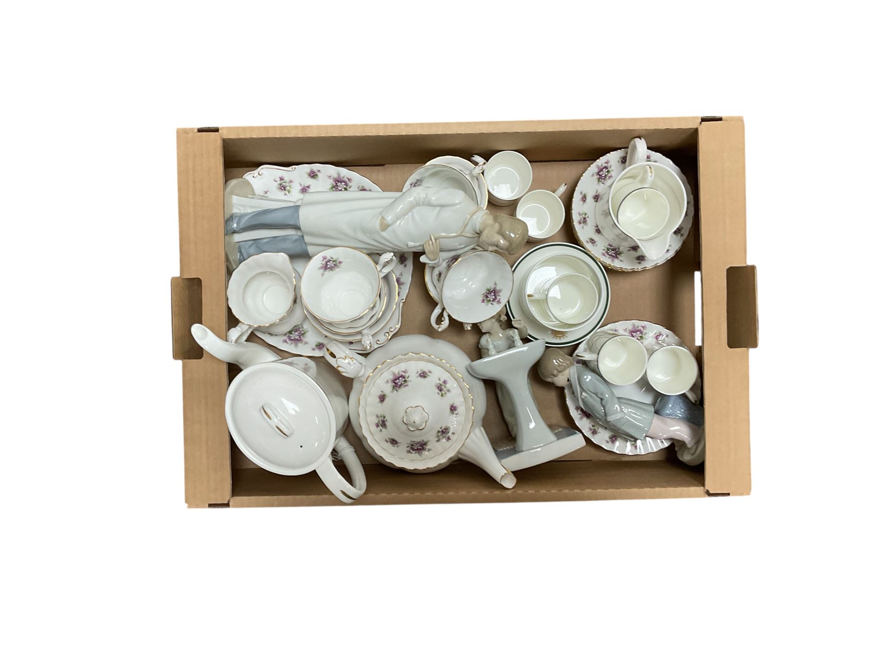 Wedgwood Houses of Parliament coffee set and Royal Albert Sweet Violets tea set and Lladro and similar figures