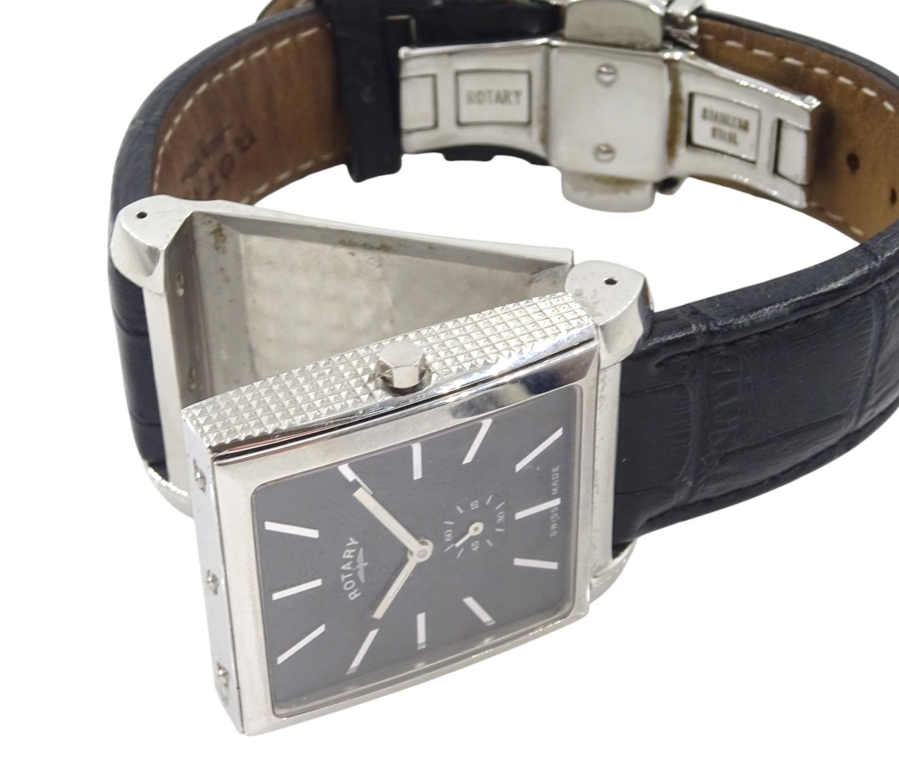Rotary Revelation reversible night and day gentleman's stainless steel quartz wristwatch, silvered dial with Roman numerals, reversing to a second black dial with baton hour markers, both with subsidiary seconds dials, on original black leather strap, with fold-over clasp, boxed with guarantee dated 2008