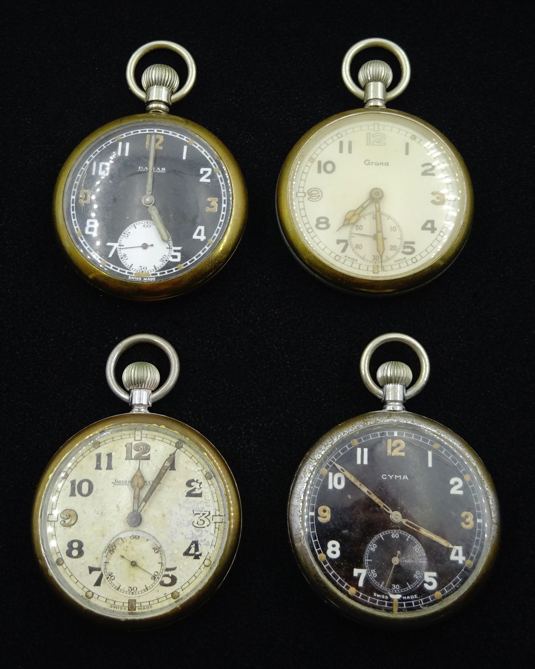 Four WWII British Military Issue pocket watches including Jaeger-LeCoultre, Cyma, Damas and Grana, all back case with broad arrow and engraved GSTP