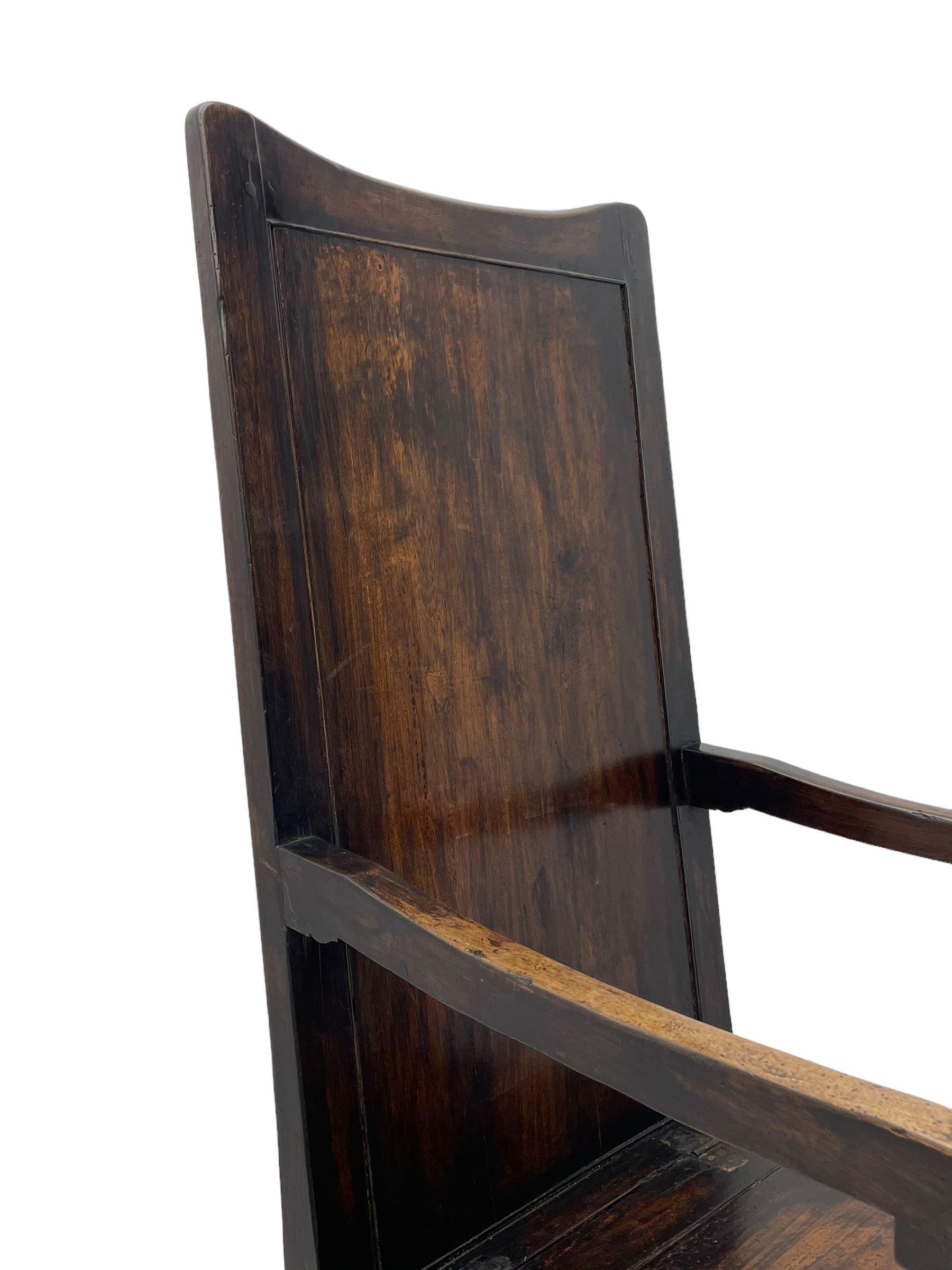 18th century elm box-seat lambing chair, dished cresting rail over panelled back, panelled hinged lid flanked by two turned arm supports