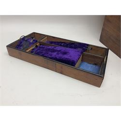 Walnut dressing table box, set with mother of pearl cartouche, opening to reveal a compartmentalised interior with mirror, covered in parts in purple velvet, together with a smaller jewellery box with stencil print, dressing table box H15cm