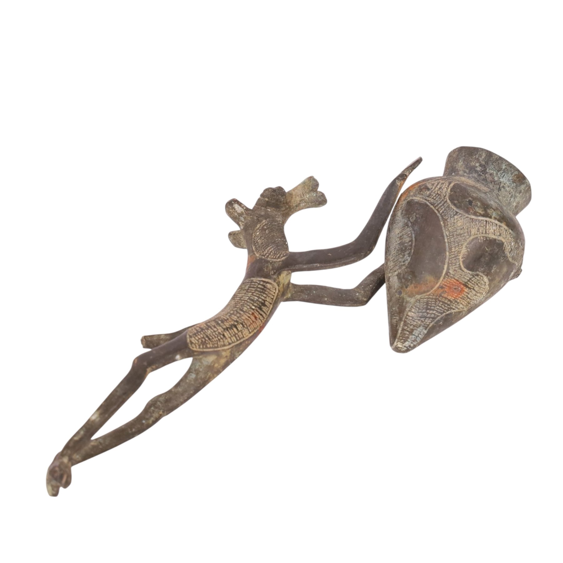 Early anthropometric bronze, possibly African, modelled as a dog holding urn, L20cm
