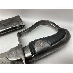 British 1796 Pattern Light Cavalry trooper's sword, the 84cm curving fullered blade stamped Hadley.1 to the back edge, steel hilt with knucklebow, D-shaped langets and leather grip; in polished steel scabbard stamped Osborn & Gunby Birmm. and W.R.16 ( ?16th Light Dragoons) with two suspension rings L100cm overall