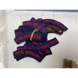 Large quantity of military embroidered cloth badges including shoulder sliders and titles, blazer badges, arm badges, rank pips and trade badges etc