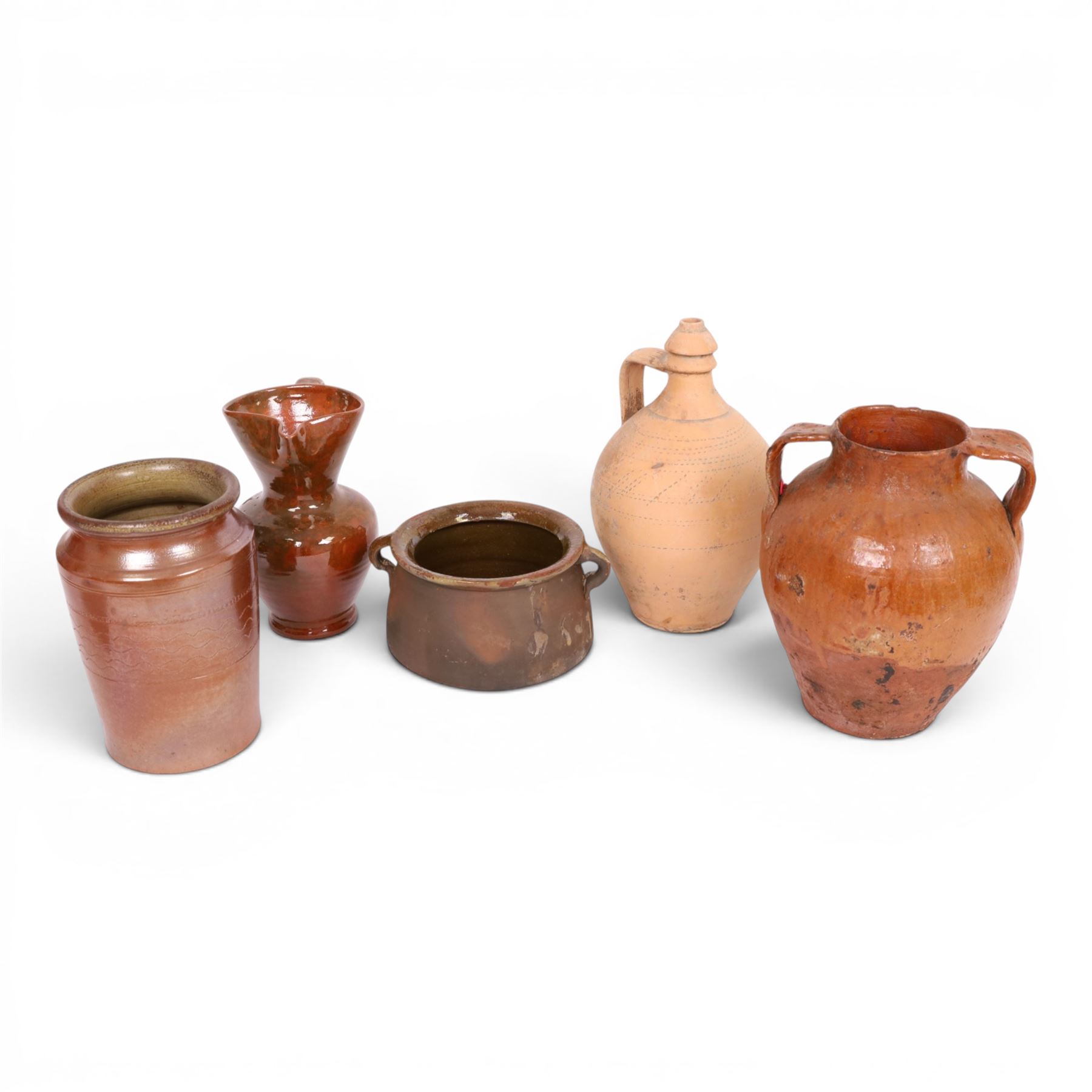 Two twin handled Spanish terracotta pots, together with terracotta pitcher and three similar, largest H35cm 