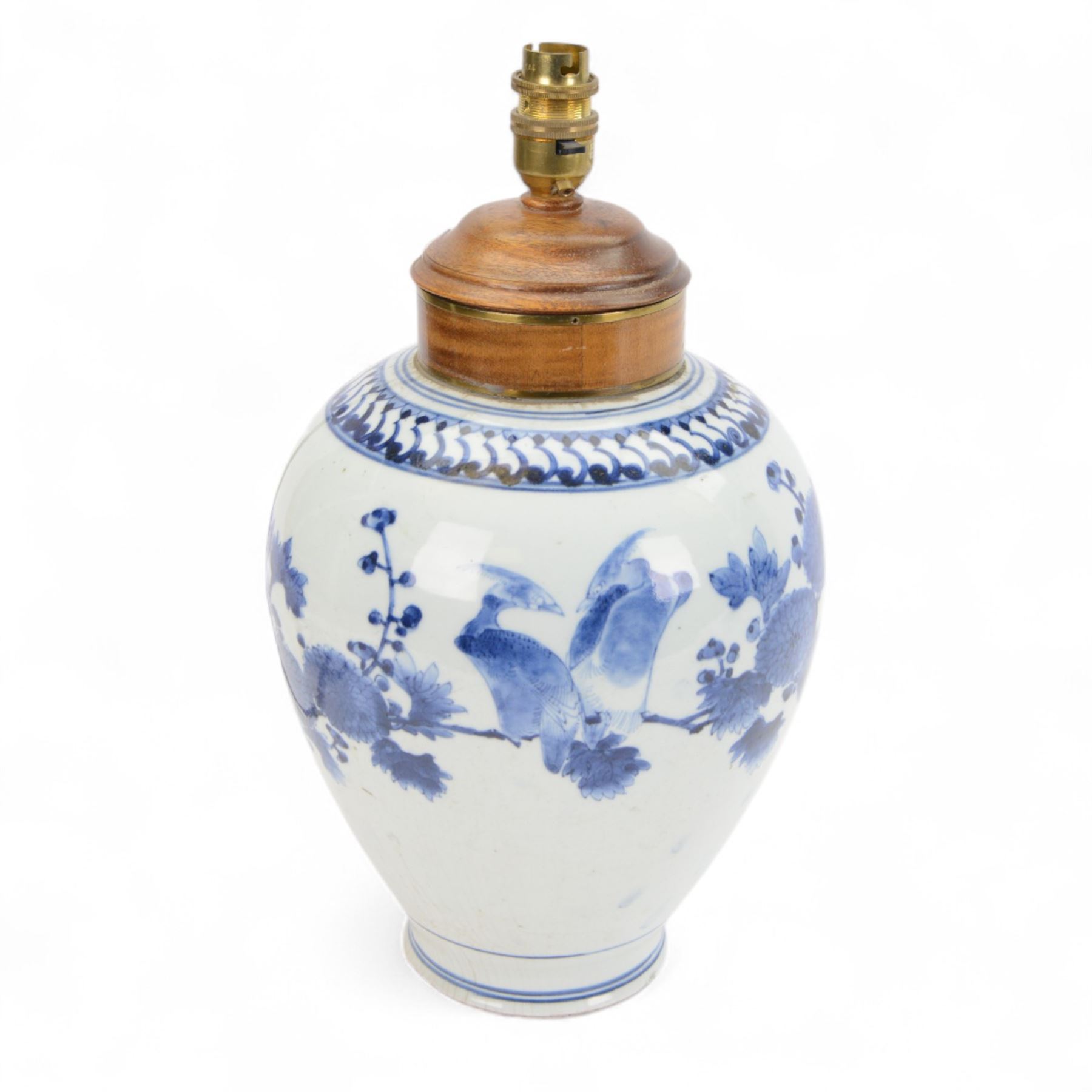 20th century Chinese blue and white vase converted to a table lamp, decorated with birds amongst flowering branches, H40cm 