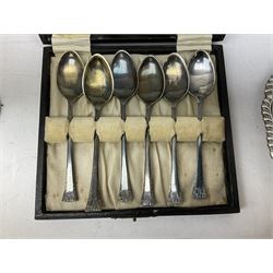 Collection of silver plate, to include set of case spoons by James Walker, jug by Potters of Sheffield, candle holder and snuffer etc