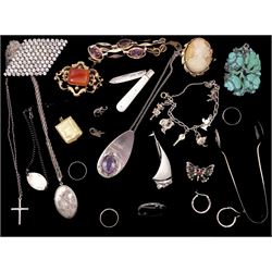 9ct gold cameo brooch, silver jewellery including amethyst necklace, charm bracelet enamel boat brooch, necklaces, silver fruit knife and pair of tongs and other Victorian and later jewellery