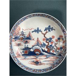 18th century Caughley tea cup and saucer of fluted design decorated in blue and gilt, blue 'S' mark, Bloor Derby coffee can and saucer in red, blue and gilt; 18th century Worcester tea bowls decorated in the Pleasure Boat or Fishermans pattern, and a Liverpool tea bowl decorated in the Penningtons Cannonball pattern