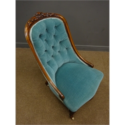  Victorian walnut framed nursing chair upholstered in an aqua blue velvet, acanthus carved cabriole legs  