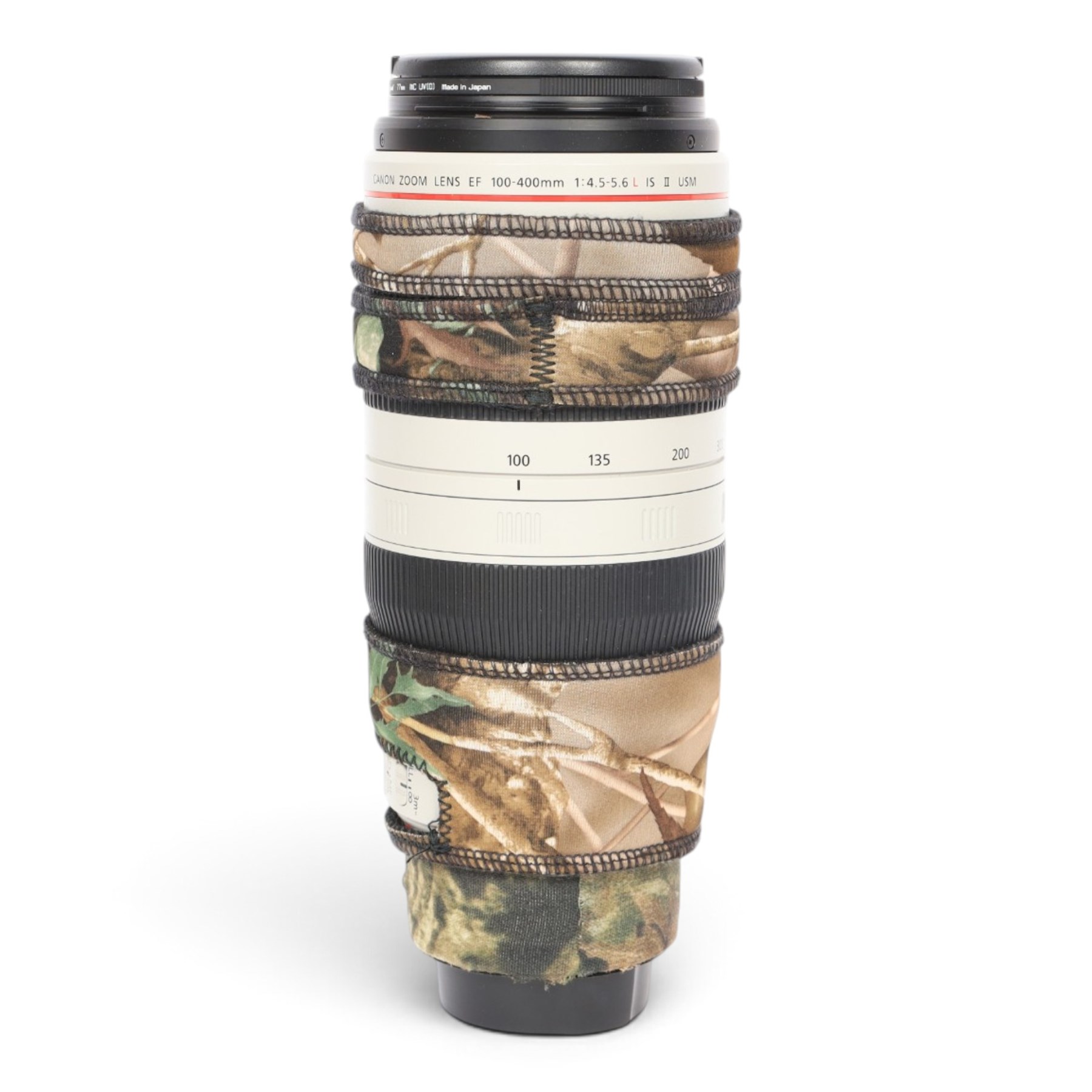 Canon EF 100-400mm f/4.5-5.6L Image Stabilising Ultrasonic camera lens serial no. 4710001538, with camouflage cover and lens case, boxed with instructions