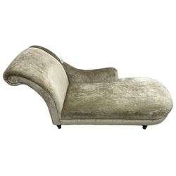 Contemporary chaise longue with scrolled back, upholstered in champagne crushed velvet, on turned feet