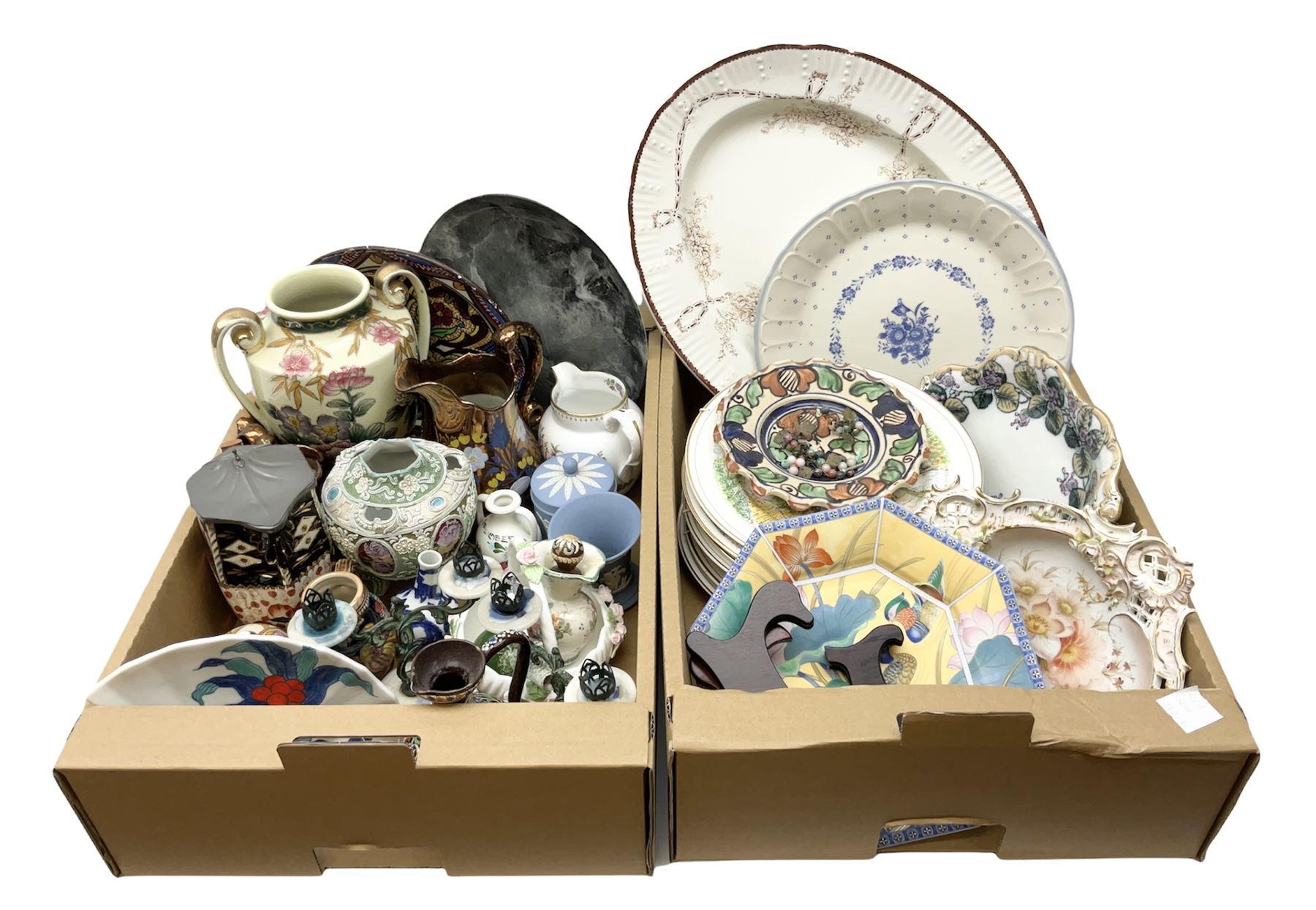 Wedgwood Jasperware lidded cylindrical jar and tulip vase, Spode Copeland's jug, two luster jugs, and other decorative ceramics and collectables, in two boxes 