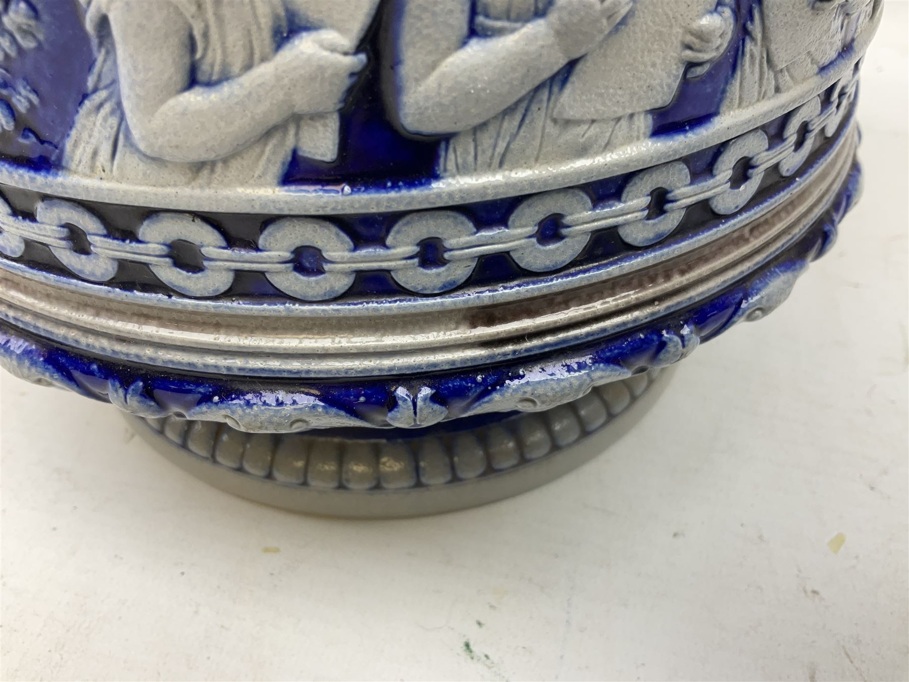 Three jardinières comprising West German Gerz example decorated in relief, Doulton Slaters example with frilled everted rim and a majolica example, and a further two Arthur Wood majolica jugs (5)