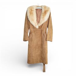 Mink coat, 1970s lamb fur trimmed coat, suede coat and Tom Bawker cream coat, and two pairs of ladies shoes approx size 8 (6)