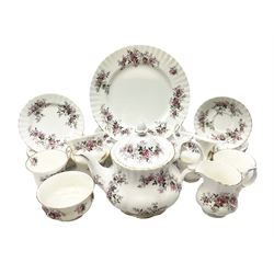Royal Albert Lavender Rose pattern tea service for six place settings, comprising teapot, six cups and saucers, milk jug, open sucrier, dessert plates and dinner plates (27)