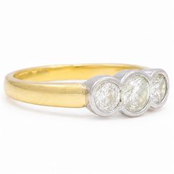 18ct gold gold and platinum diamond ring, bezel set with three old cut diamonds, Birmingham assay mark, total diamond weight approx 0.75 carat