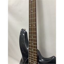 Music Man Bongo 4 string bass guitar, in sapphire black finish, serial no F42547, in black Music Man hard case, guitar L113cm