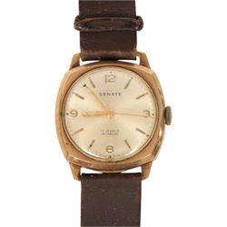 Senate 9ct rose gold manual wind wristwatch, hallmarked, on brown leather strap