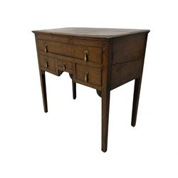 18th century Welsh oak lowboy, fitted with long drawer above three small drawers, square tapering supports, with fan carved corner brackets, circular plate and drop handles 