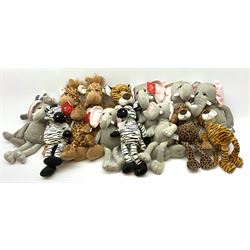 Fifteen Russ soft toys of wild animals comprising three large and three standard elephants, large and standard tigers, two large and one standard giraffes, two standard zebras, standard leopard and standard rhino; some with original card ear tags (15)