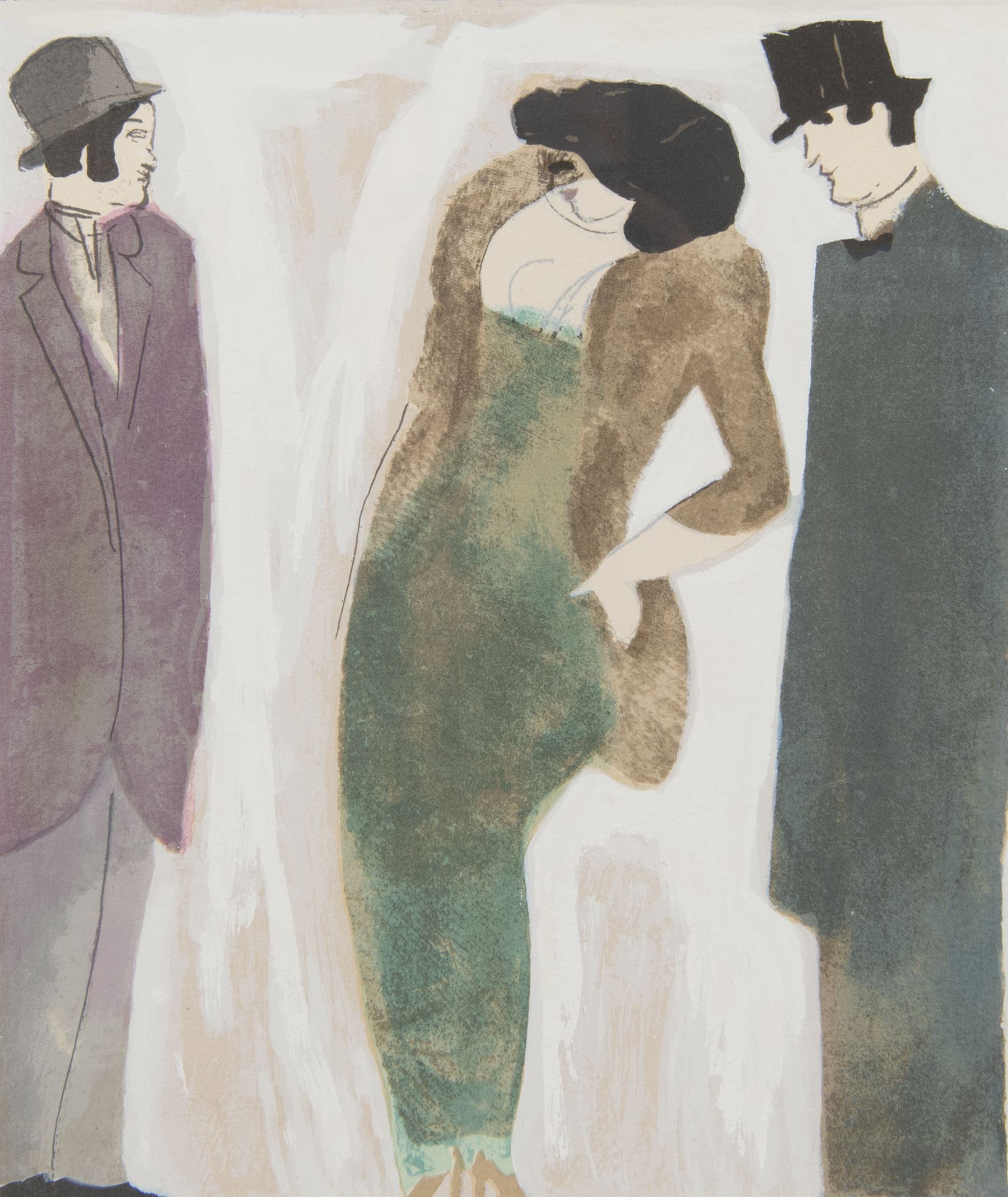 David Schneuer (Austro Hungarian 1905-1988): Lady in the Green Dress, limited edition serigraph signed and numbered 27/250 in pencil 33cm x 28cm
Notes: Schneuer who emigrated to Israel, was well known for his paintings and serigraph prints of cafe scenes and depictions of the German and Parisian social scene in the 1920's. His expressionistic style is evident as he creates scenes filled with a party-like atmosphere, constantly exploring sex and eroticism