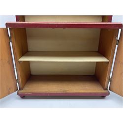 Miniature pitch pine Welsh dresser with open plate rack over two cupboard doors, displayed with Ridgways Humphrey's Clock pattern and other doll's blue/white tea ware, copper kettles and pan etc W41cm H72cm