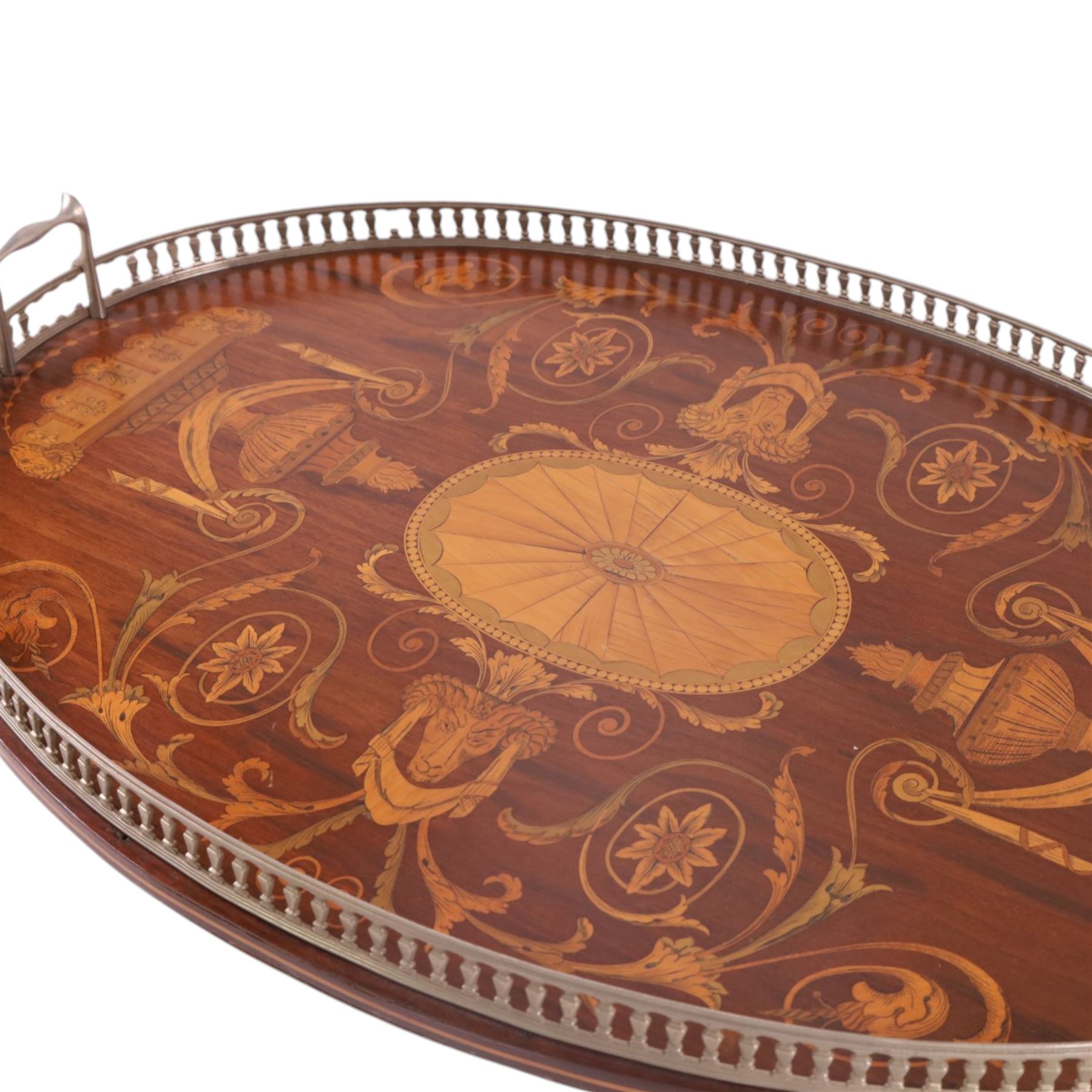 19th century inlaid mahogany tray, decorated with rams heads and floral sprigs, with priced metal boarder, L68cm 