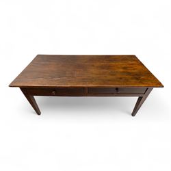 19th century provincial elm and oak farmhouse table, rectangular plank top above two frieze drawers fitted with turned wooden knobs, raised on square tapering legs