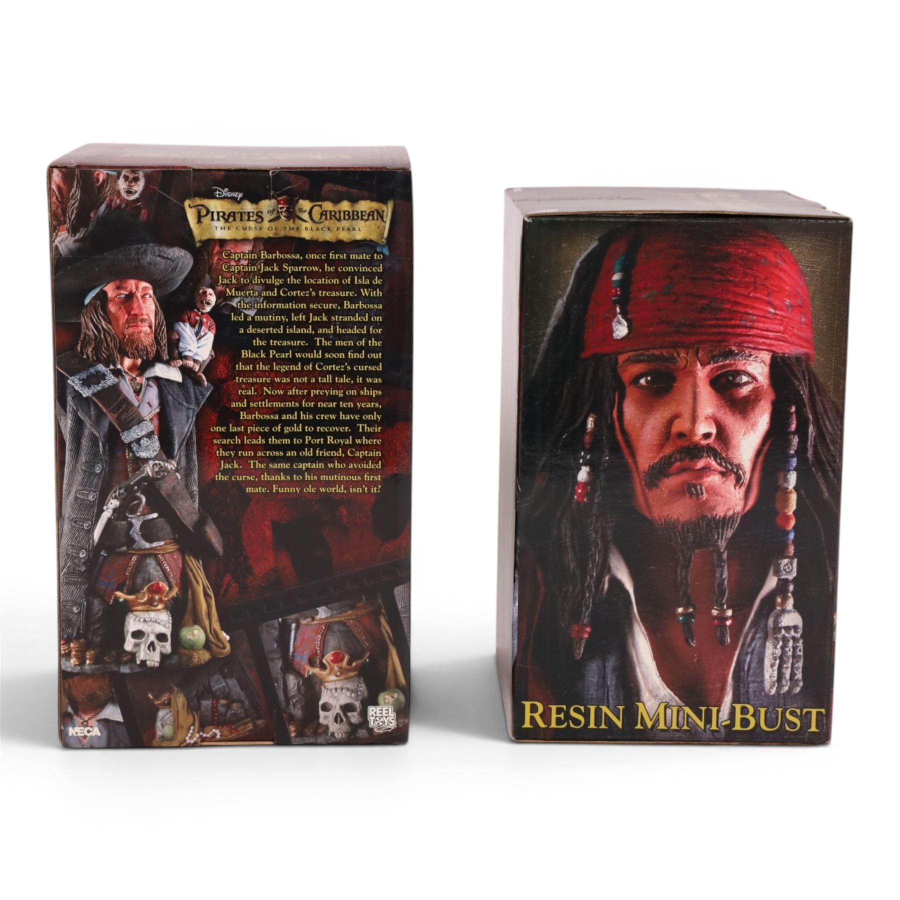 Two limited edition Neca Pirates of the Caribbean The Curse of the Black Pearl resin mini busts, Capt. Jack Sparrow 2063/2500 and Capt. Barbossa 995/2500, both boxed