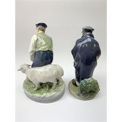 Two Royal Copenhagen figures, the first example modelled as a Shepherd and two sheep, model no 627, H19cm, the second example as a Shepherd and dog, model no 782, H18.5cm.