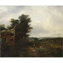 Norwich School (19th century): Flatland Landscape with Thatched Cottage, oil on canvas uns...