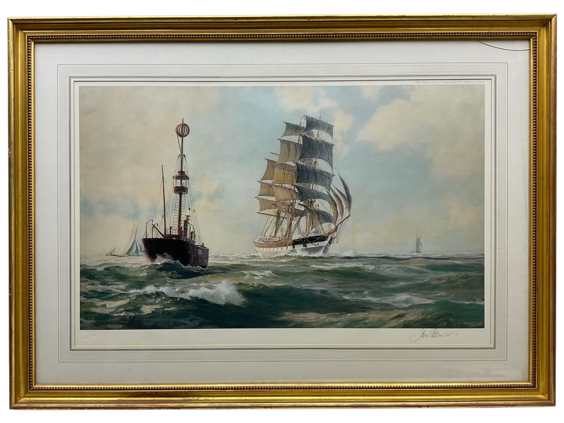 John Stobart (British 1929-2023): 'Invercargill Passing the Nore Lightship', limited print signed in pencil pub. Royle Publications Ltd 1974 with Fine Art Trade Guild blindstamp 54cm x 87cm 
Invercargill was a fully rigged iron sailing ship that sailed between Great Britain and New Zealand carrying emigrants and cargo. Built in 1874, it was lost at sea in 1905.