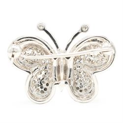 18ct white gold diamond butterfly brooch, pave set with round cut diamonds, stamped 750