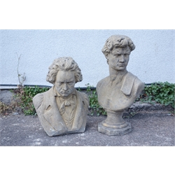  Composite stone model of a Composer, H41cm and another of a Roman Emperor H57cm, (2)  